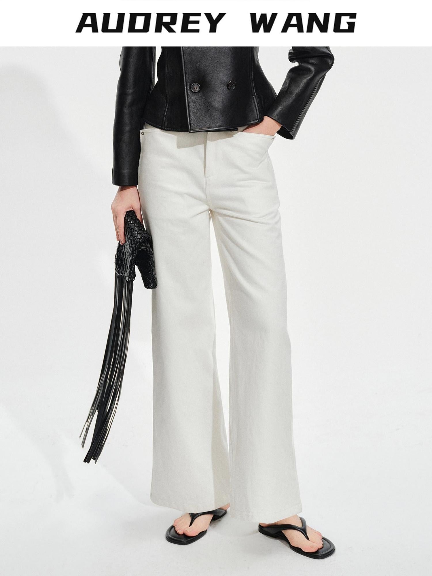 audreyyang Breathable Cotton High Waist Tailored Pockets Button Fly White Straight Pants