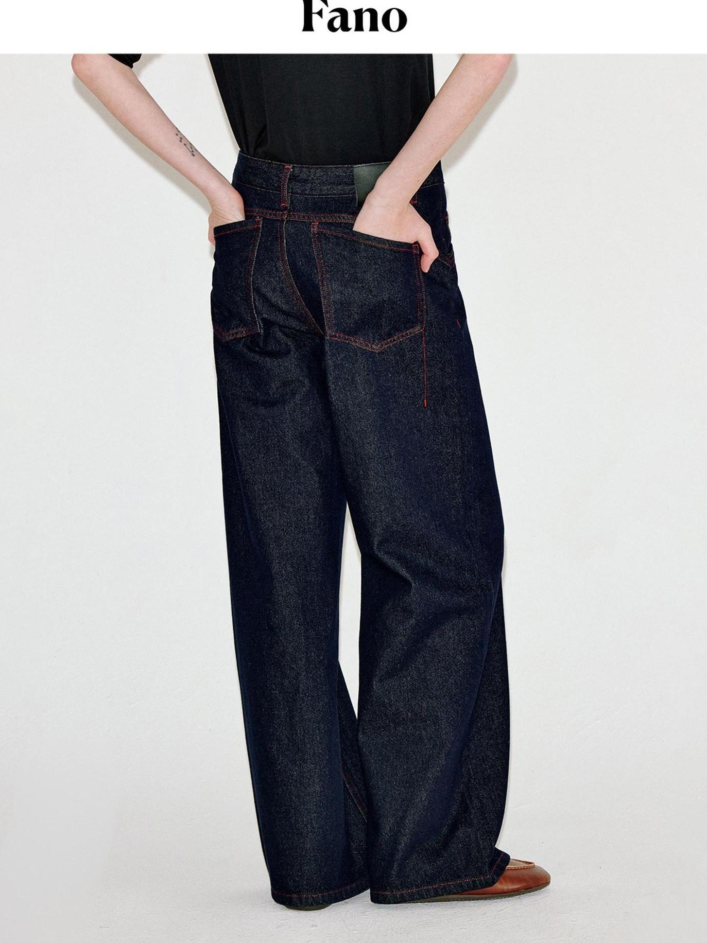 fano Comfortable Cotton Vintage Relaxed Natural Waist Women Raw Denim Wide Leg Jeans
