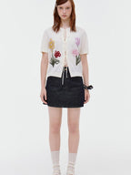 fano V-neck Tie Front Floral Short Sleeve Korean Loose Fit Women Beige Cardigans