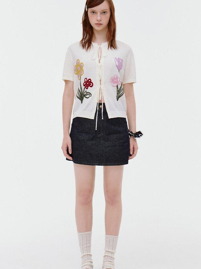fano V-neck Tie Front Floral Short Sleeve Korean Loose Fit Women Beige Cardigans