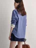 fano Skin Friendly Breathable Cotton Loose Fit Buttoned Collared Women Blue Shirts