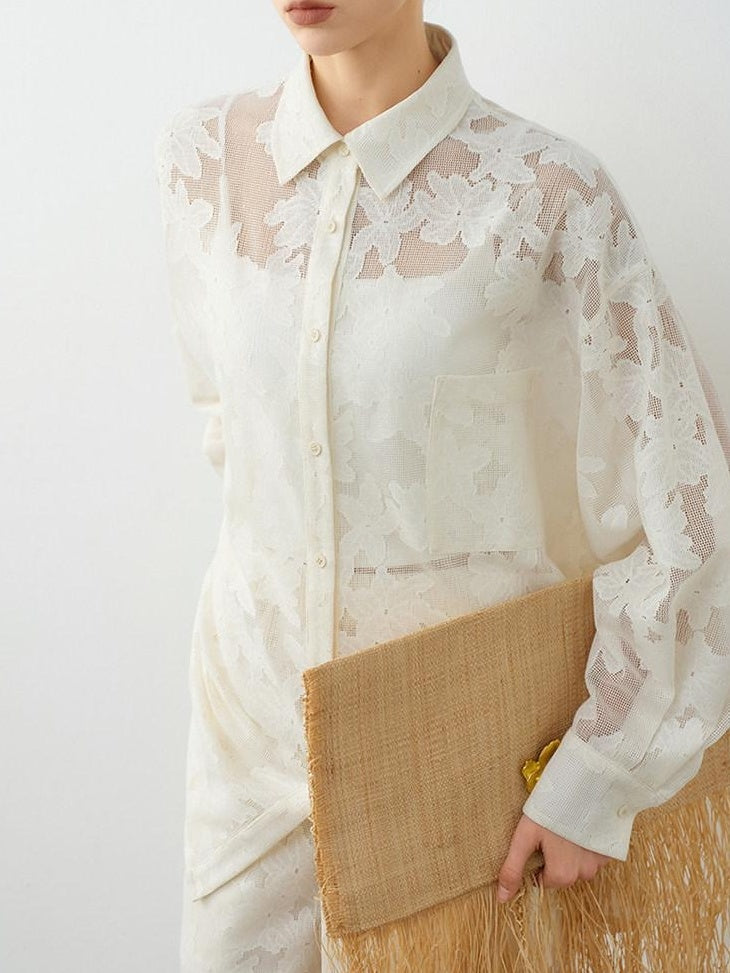 audreyyang Lightweight Shape Retention Lace Polo Loose Fit Women Cotton Top & Pants Sets