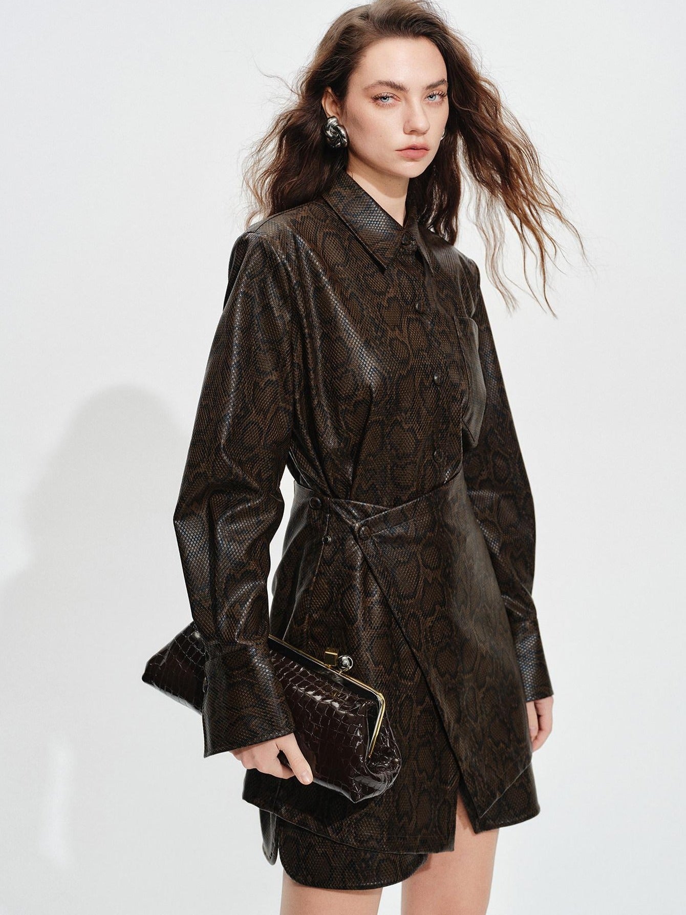 audreyyang Detachable Vintage Snake Print Pu Midlength Relaxed Womens Lapel Leather Jackets