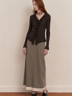someone sometimes Elegant Patchwork Low Waist H Shape Straight Camel Women Daily Midi Skirts