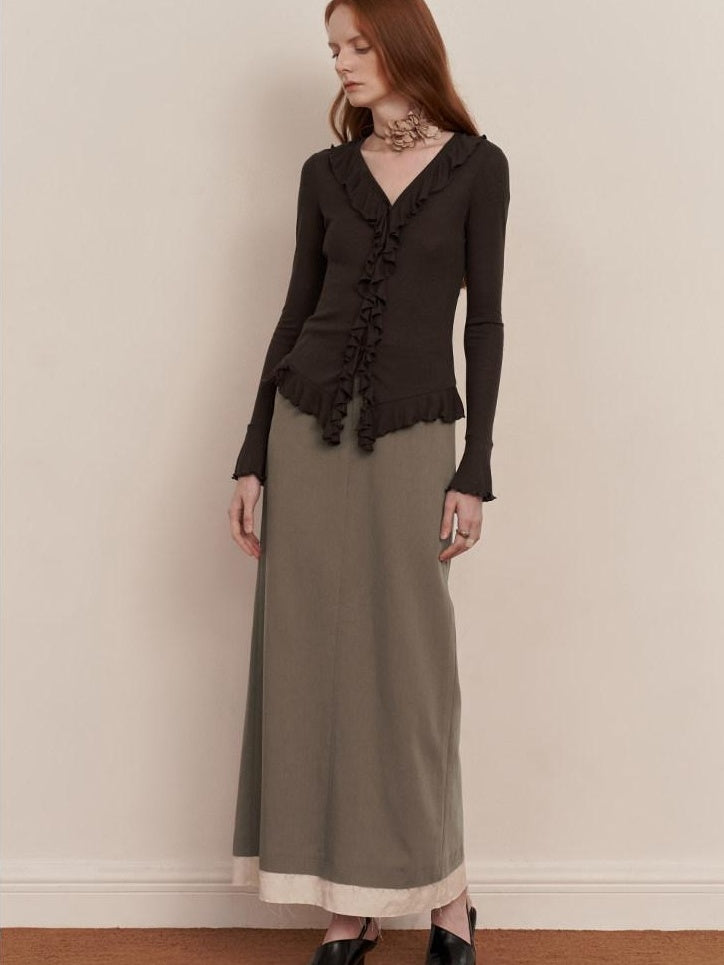 someone sometimes Elegant Patchwork Low Waist H Shape Straight Camel Women Daily Midi Skirts