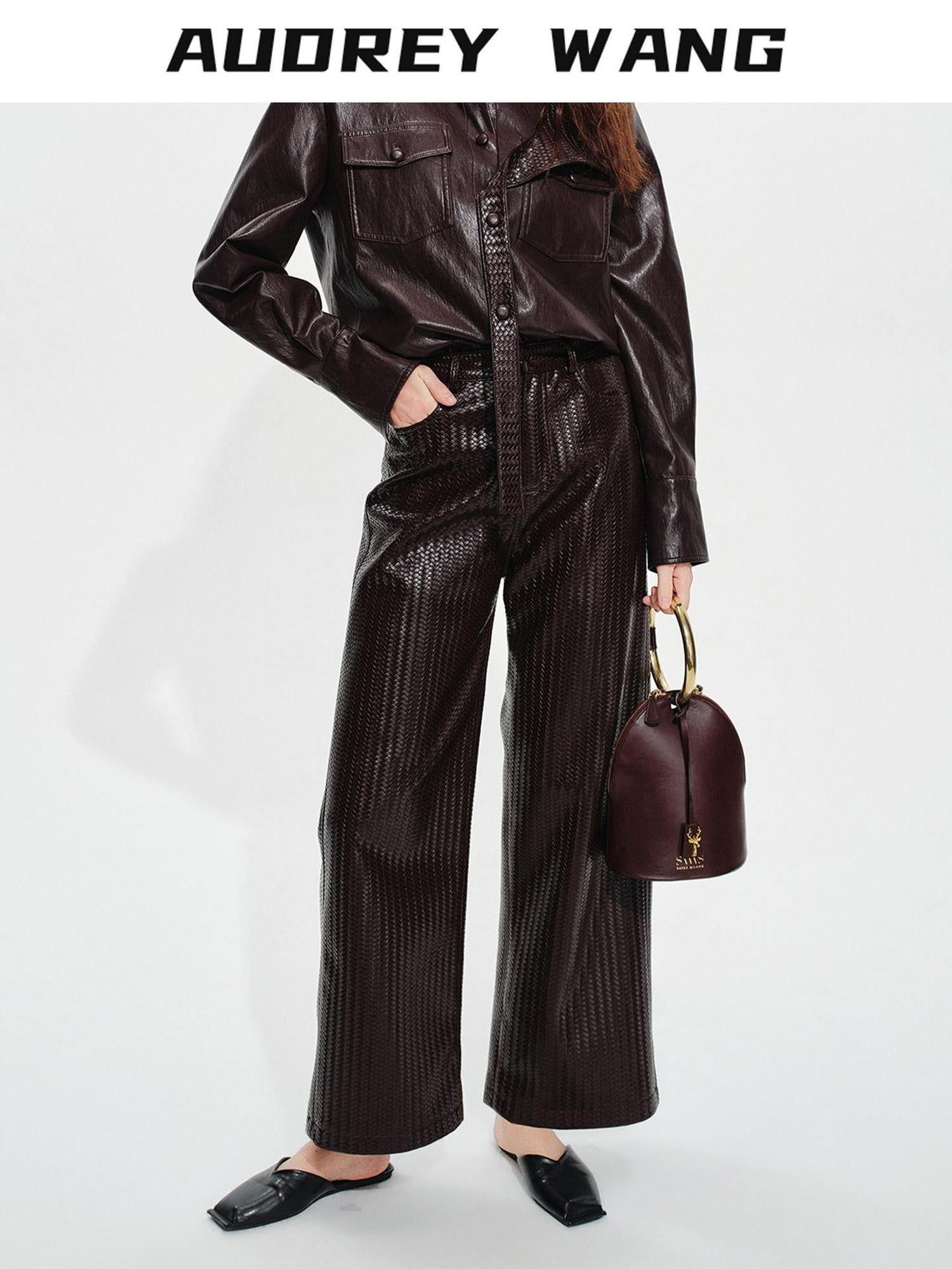 audreyyang Pu Faux Leather Casual Natural Waist Zip Fly Women Straight Pants
