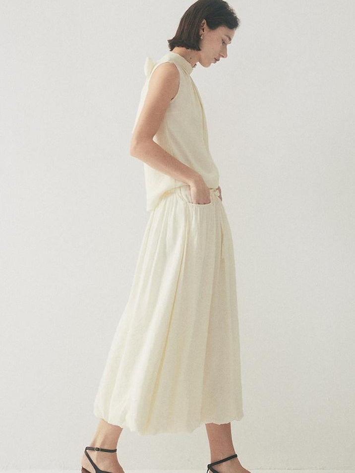 someone sometimes Original Slim Tie Detail Stand Collar Sleeveless Cream Pullover Top & Skirt Sets