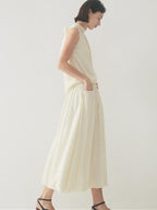 someone sometimes Original Slim Tie Detail Stand Collar Sleeveless Cream Pullover Top & Skirt Sets