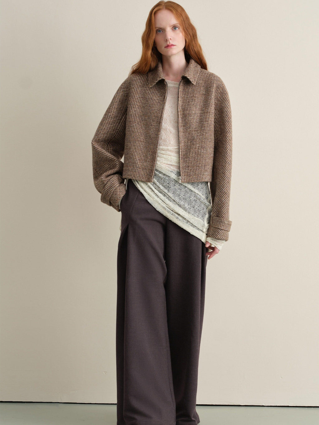 someone sometimes Wool Blend Retro Loose Zip Lapel Long Sleeve Women Multicolor Cropped Jackets