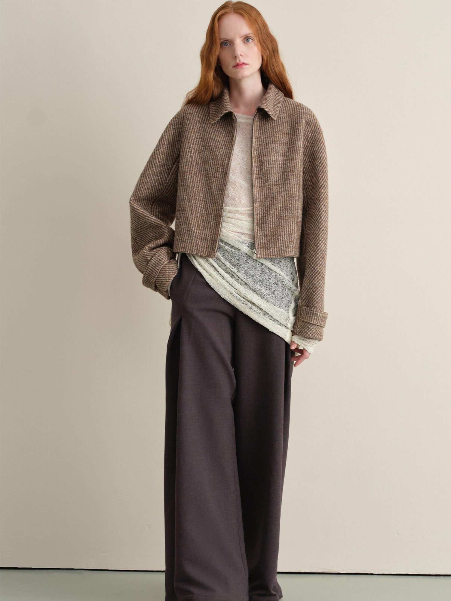 someone sometimes Wool Blend Retro Loose Zip Lapel Long Sleeve Women Multicolor Cropped Jackets