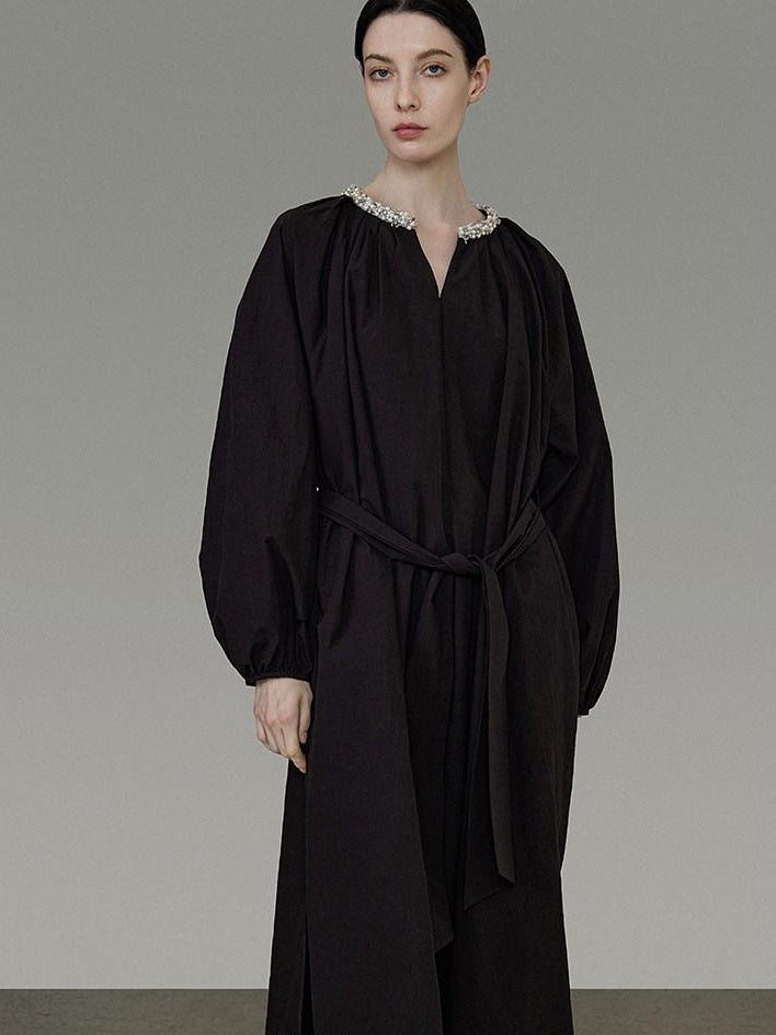 unspoken Cotton Loose Waist Minimalist V-neck Long Sleeve Casual Black Maxi Dresses