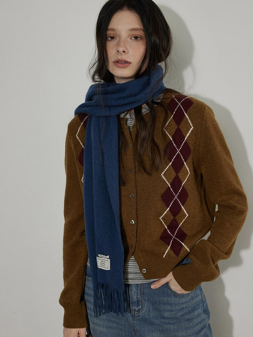 Lofi choose Soft Midweight British Argyle Contrast Button Women Knitwear Cardigans