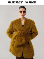 audreyyang Thick Mohair Blend Commuter V-neck For Women Solid Mustard And Grape Wool Coats