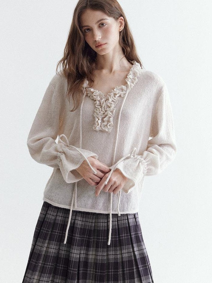 fano Breathable V-neck Korean Office Loose Fit Lace Girls Basic Crop Tops