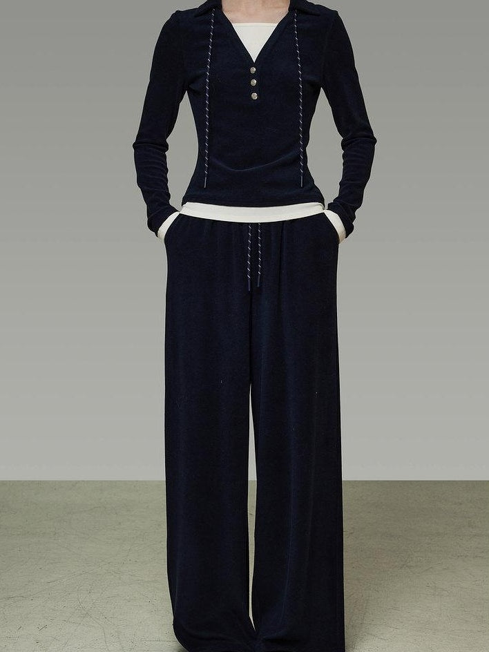 unspoken Breathable Slim Fit V-neck Knit Three Piece High Waist Navy Women Lounge Sets