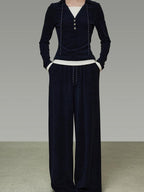 unspoken Breathable Slim Fit V-neck Knit Three Piece High Waist Navy Women Lounge Sets