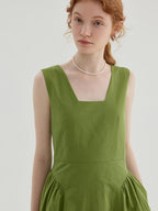 fano Cotton High Waist Pleated Minimal A Line Square Neck Women Maxi Dresses