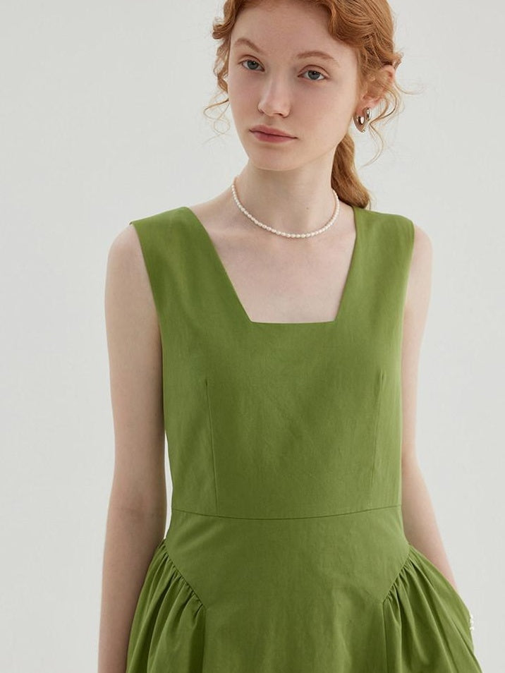 fano Cotton High Waist Pleated Minimal A Line Square Neck Women Maxi Dresses