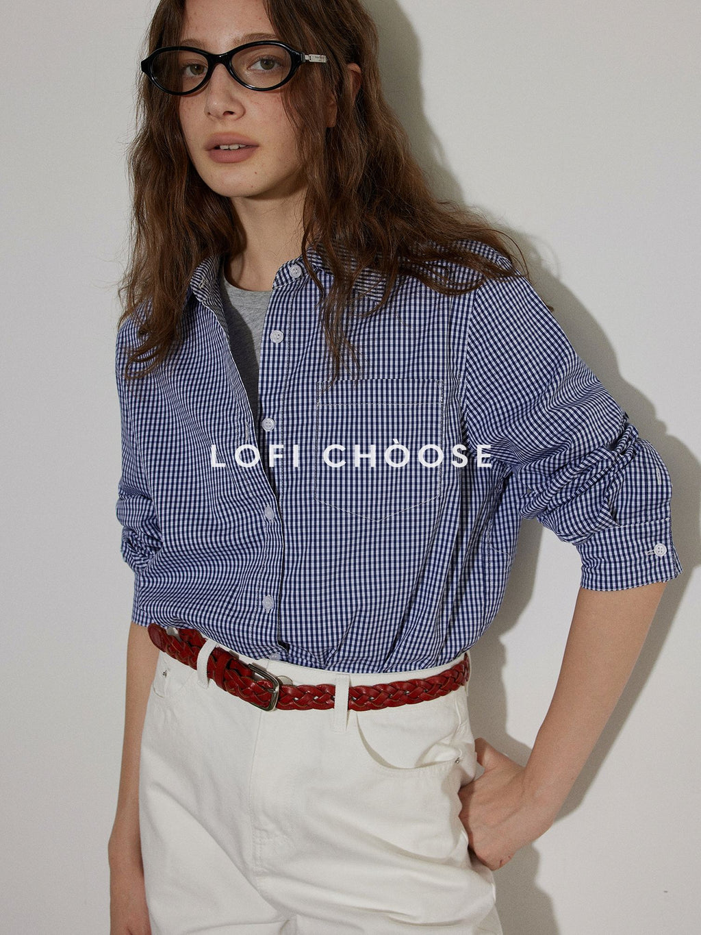Lofi choose Flattering Plaid Minimal Collared Loose Long Sleeve Button Women Blue Shirts