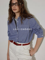 Lofi choose Flattering Plaid Minimal Collared Loose Long Sleeve Button Women Blue Shirts