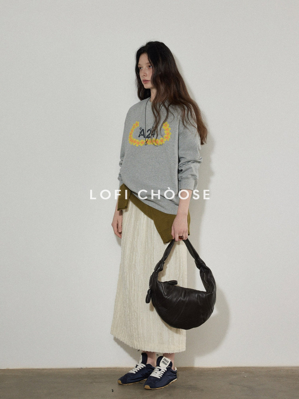 Lofi choose 100% Cotton Relaxed Crewneck Long Sleeve Women Commuter Gray Sweatshirt