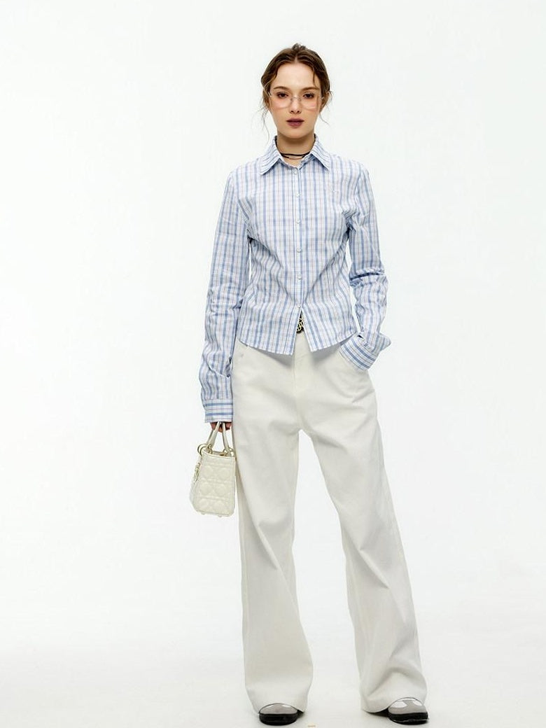 ikyou Shape Retention Slim Fit Pleated Embroidered Plaid Collared Long Sleeve Shirts