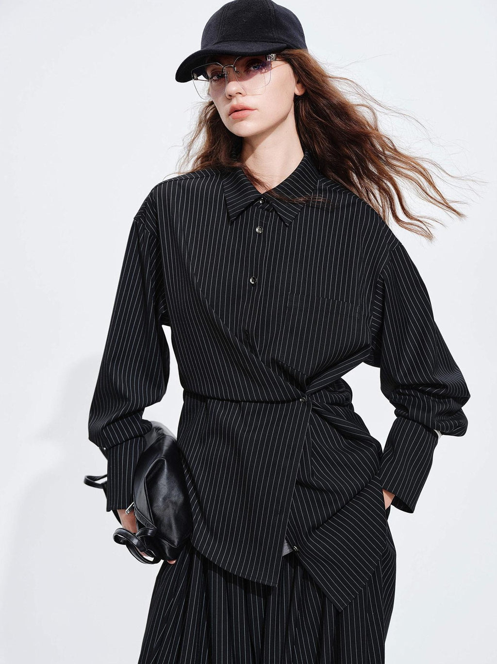 audreyyang Striped Relaxed Lapel Button Long Sleeve Casual Women Polyester Top & Pants Sets