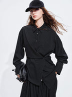audreyyang Striped Relaxed Lapel Button Long Sleeve Casual Women Polyester Top & Pants Sets