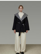 unspoken Minimal Commute Relaxed Fit Hooded Tie Waist Sculpted Cut Black Gray Wool Coats