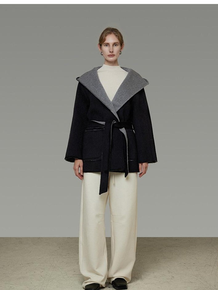 unspoken Minimal Commute Relaxed Fit Hooded Tie Waist Sculpted Cut Black Gray Wool Coats