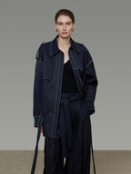 unspoken Vintage Loose Fit Irregular Pocket Detail Women Navy Polyester Trench Coats