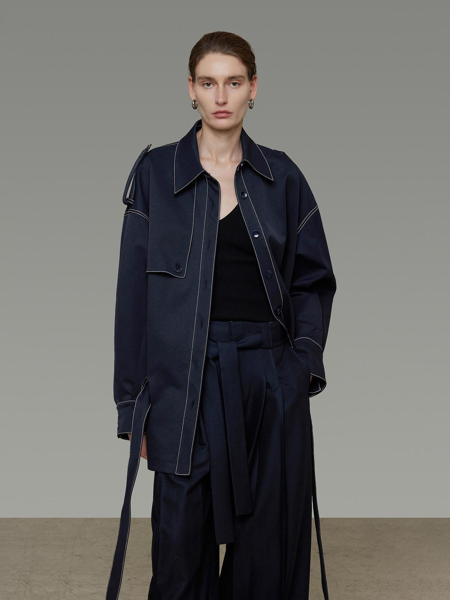 unspoken Vintage Loose Fit Irregular Pocket Detail Women Navy Polyester Trench Coats