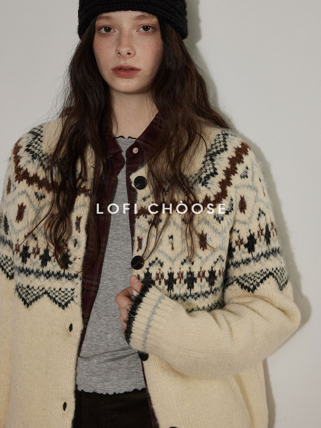 Lofi choose Soft Thick Knit Retro Geometric Button Front Round Neck Women Cream Cardigans