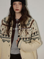 Lofi choose Soft Thick Knit Retro Geometric Button Front Round Neck Women Cream Cardigans