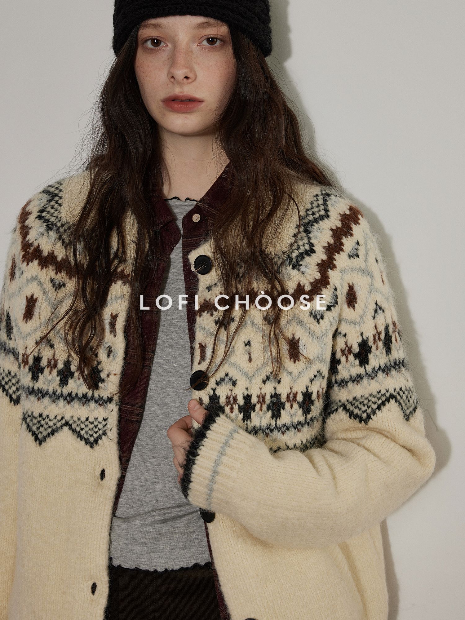 Lofi choose Soft Thick Knit Retro Geometric Button Front Round Neck Women Cream Cardigans