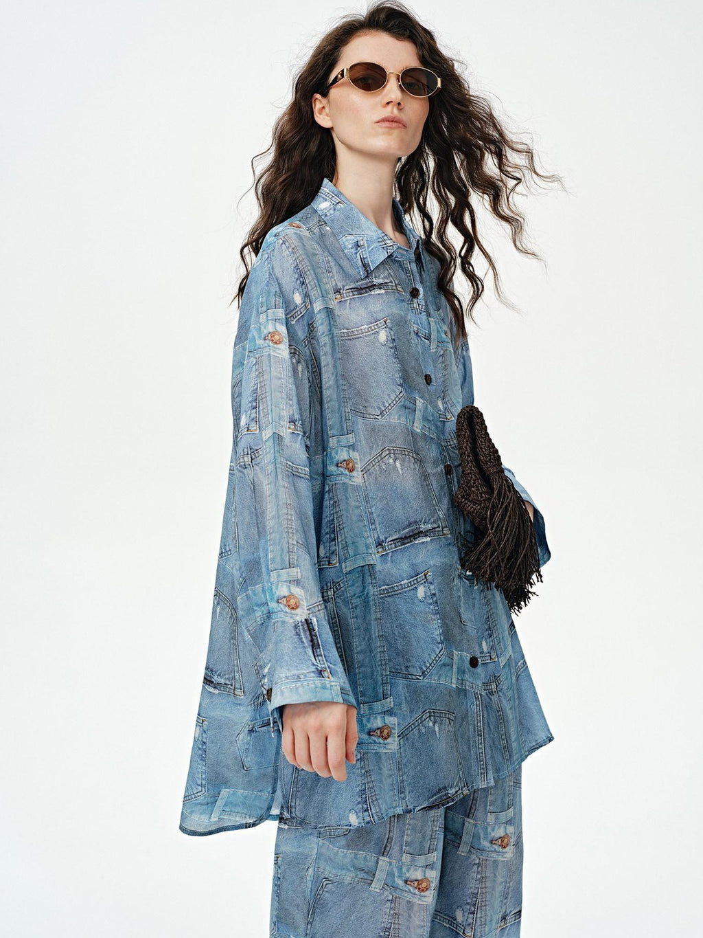 audreyyang Breathable Rayon Loose Fit Lapel Button Floral Denim Top & Pants Sets