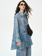 audreyyang Breathable Rayon Loose Fit Lapel Button Floral Denim Top & Pants Sets