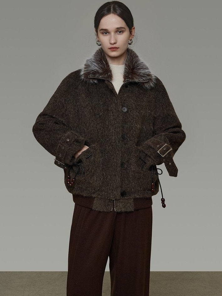 unspoken Faux Fur Collar Loose Fit Structured Tailored High Waist Women Brown Short Coat