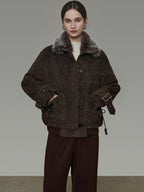 unspoken Faux Fur Collar Loose Fit Structured Tailored High Waist Women Brown Short Coat