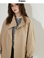 fano Khaki Loose Fit Single Breasted Mid Length Korean Casual Women Trench Coats