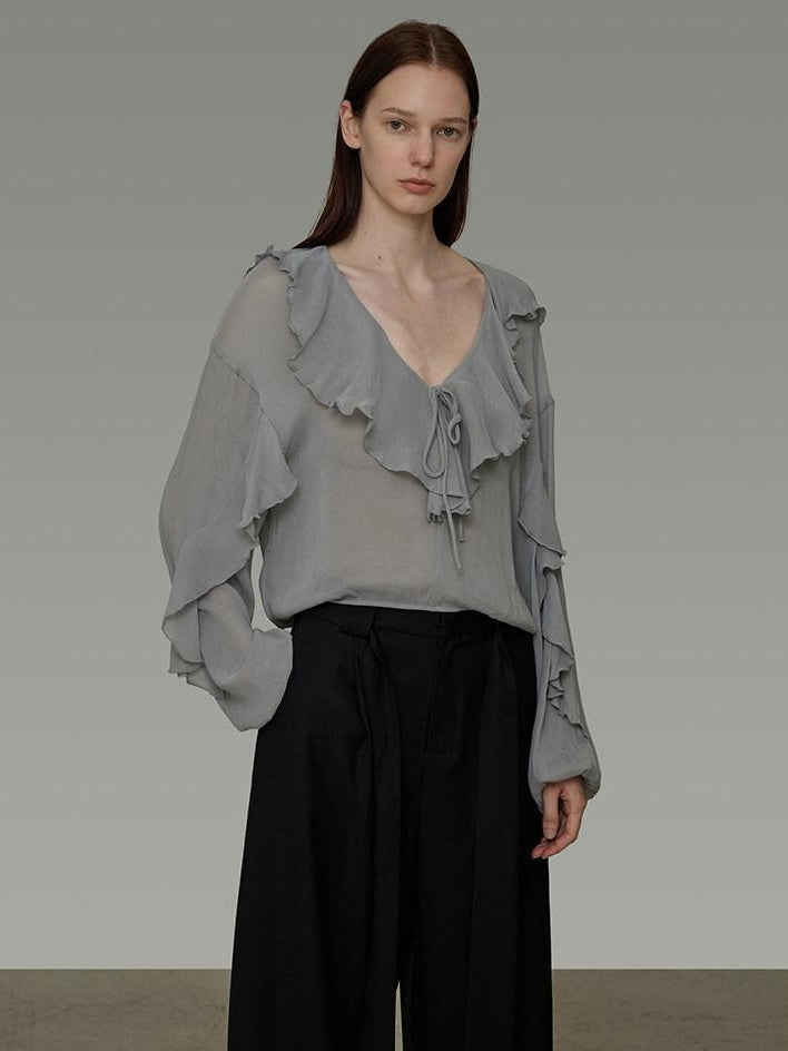 unspoken Breathable V-neck Ruffle Loose Fit Commuter Workwear Women Blue Pullover Blouses