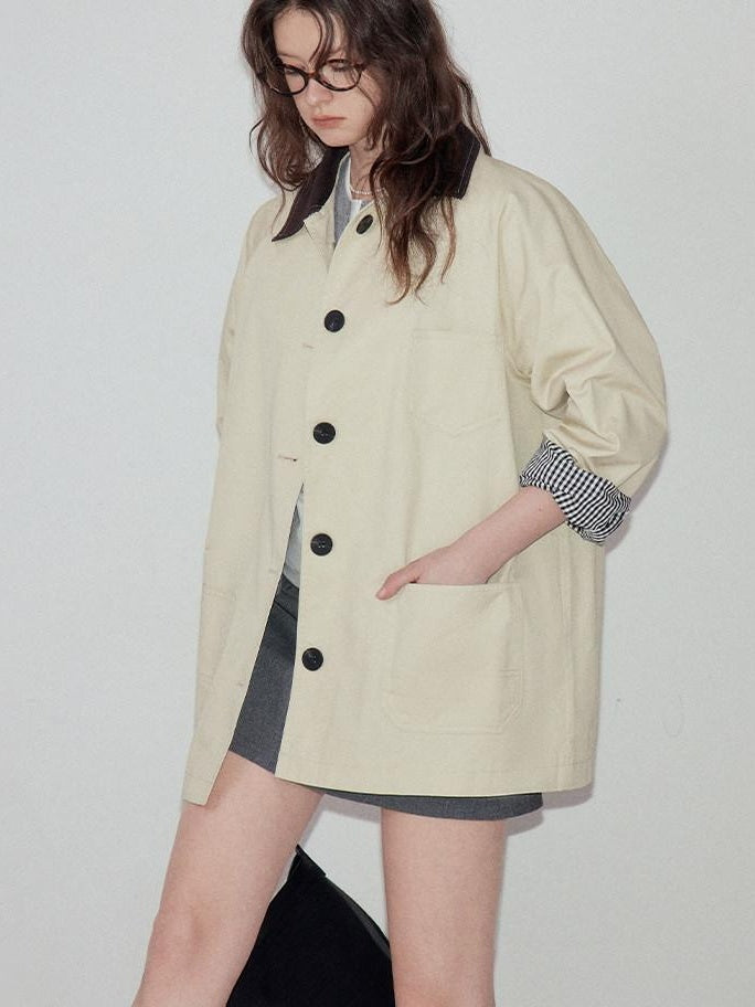 fano Cotton Lined Single Breasted Korean Commuter Short Women Beige Trench Coats