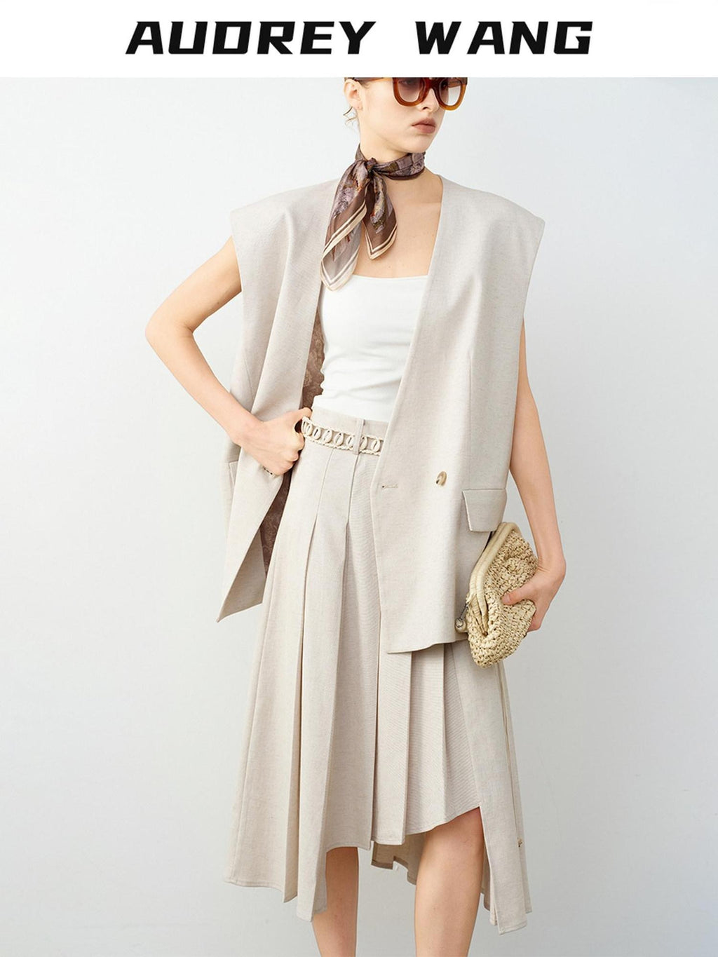 audreyyang Soft Polyester Cotton Blend U Neck Single Button Office Chic Women Vests