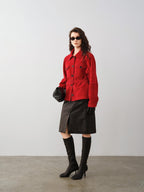 audreyyang Premium Sheepskin Mid Waist Straight Front Slit Black Women Leather Midi Skirts