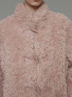 unspoken Warm Thick Stand Collar Loose Fit Rounded Hem Women Pink Solid Short Coat
