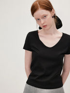 fano Cotton Tencel V-neck Straight Fit Women Black White Short Sleeve T-Shirts