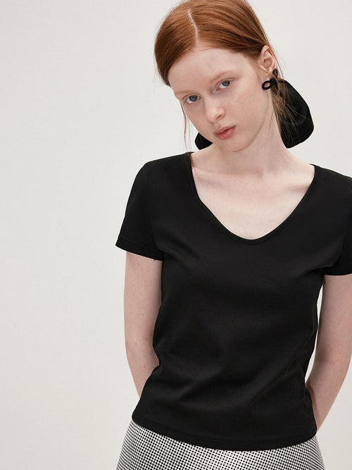 fano Cotton Tencel V-neck Straight Fit Women Black White Short Sleeve T-Shirts