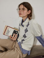 Lofi choose Cozy Argyle Polo Short Sleeve Loose Fit Vintage Knitwear Women Sweaters