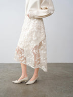 audreyyang Shimmering Sequin Lace Asymmetrical Mid Rise Tie Waist Women White Midi Skirts