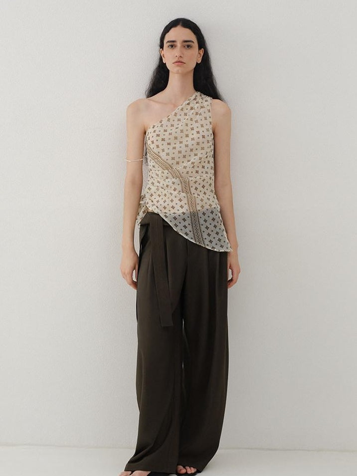 someonesometimes Ruched Asymmetrical Tie One Shoulder Workwear Floral Polyester Beige Tube Tops